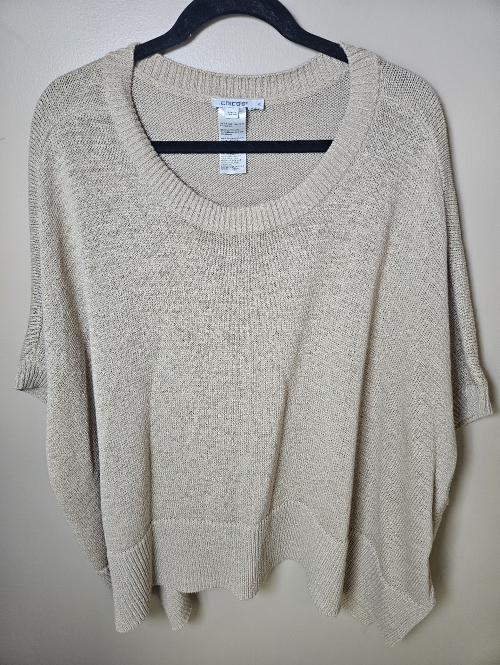 Chico's Tan Metallic Boxy Oversized Knit Sweater LG/XL Crewneck Pullover Stretch